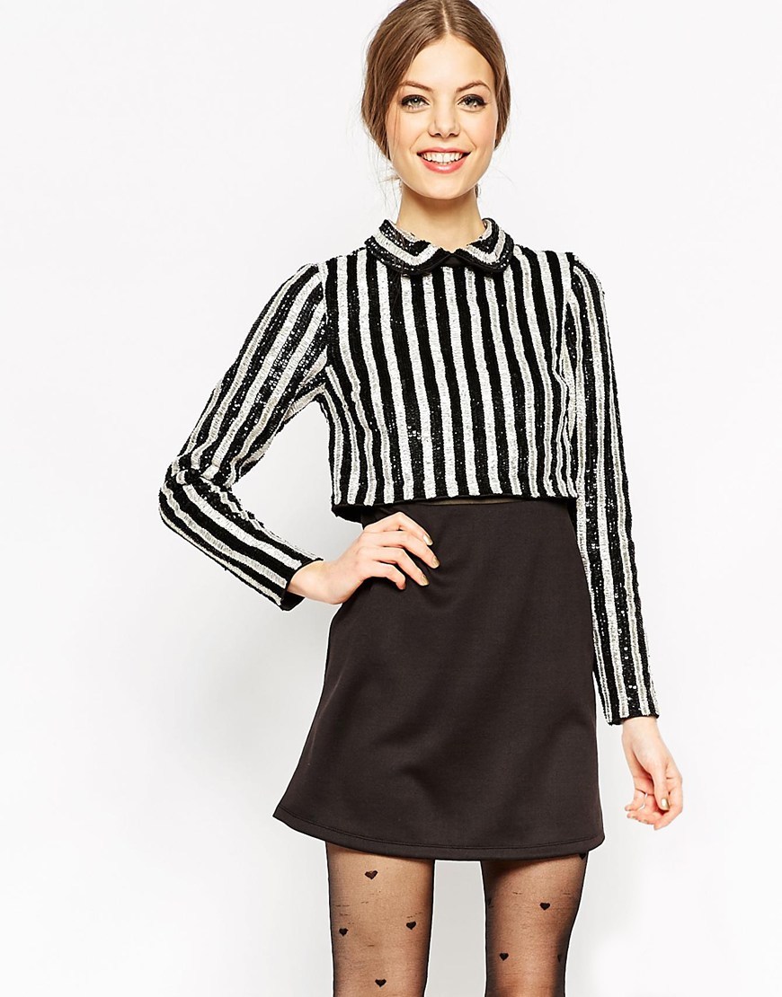 Sequin Stripe Crop Top Mini Dress Multi - style: shift; length: mini; pattern: vertical stripes; bust detail: added detail/embellishment at bust; secondary colour: white; predominant colour: black; occasions: evening; fit: body skimming; fibres: polyester/polyamide - 100%; neckline: no opening/shirt collar/peter pan; sleeve length: long sleeve; sleeve style: standard; trends: monochrome; pattern type: fabric; texture group: other - light to midweight; embellishment: sequins; multicoloured: multicoloured; season: a/w 2015