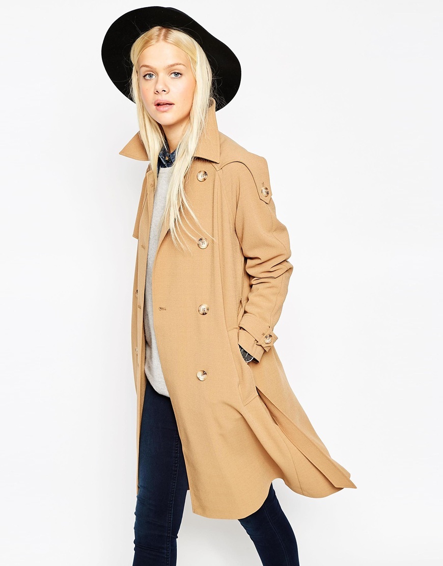 Trench Coat In Midi Length Camel - pattern: plain; style: trench coat; collar: standard lapel/rever collar; length: mid thigh; predominant colour: camel; occasions: casual, creative work; fit: straight cut (boxy); fibres: polyester/polyamide - stretch; sleeve length: long sleeve; sleeve style: standard; texture group: crepes; collar break: medium; pattern type: fabric; season: a/w 2015