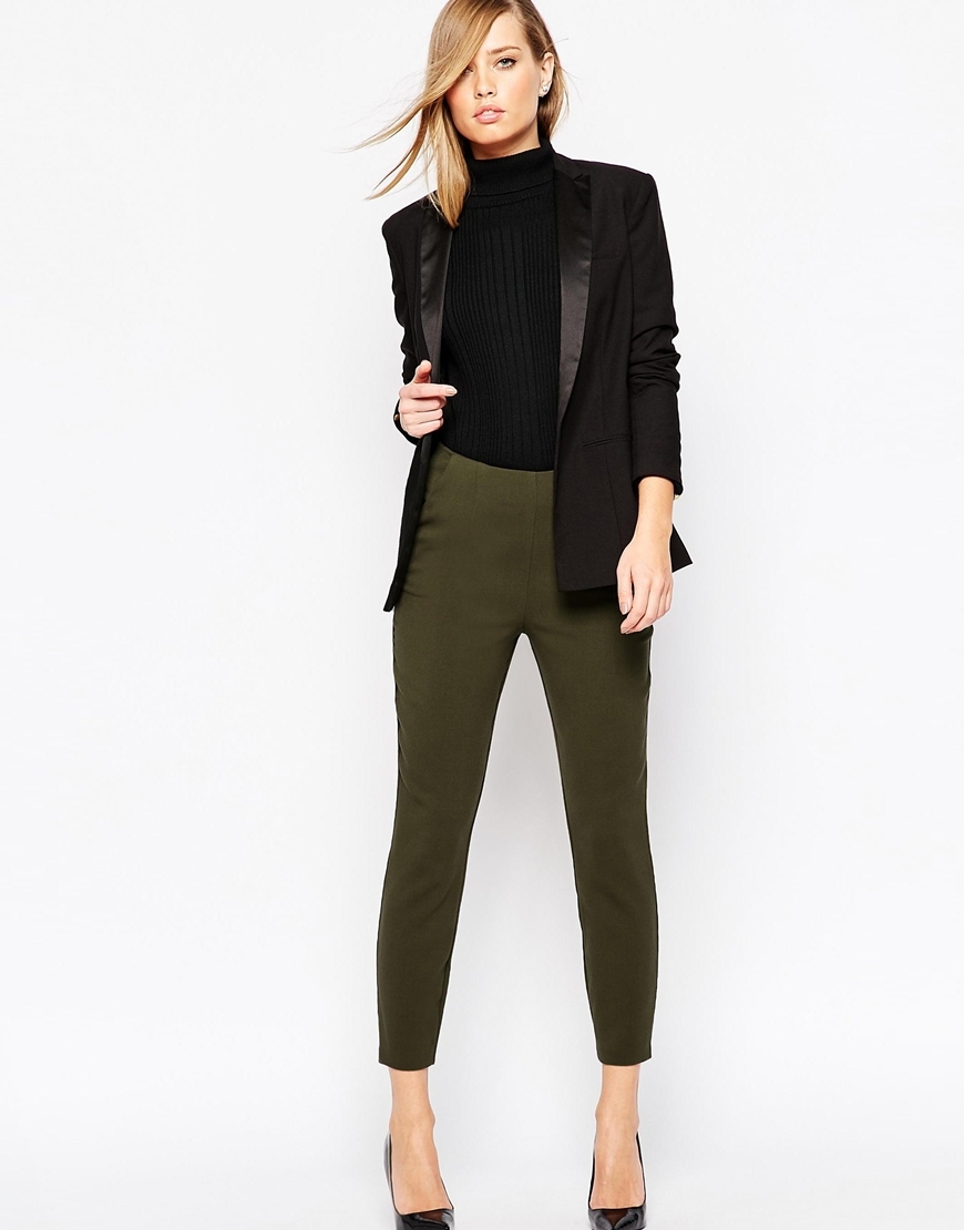 Slim High Waisted Trouser Khaki - length: standard; pattern: plain; waist: high rise; predominant colour: khaki; occasions: casual, creative work; fibres: polyester/polyamide - stretch; fit: slim leg; pattern type: fabric; texture group: woven light midweight; style: standard; season: a/w 2015