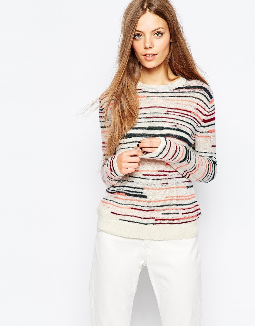 Classic Knit In Multi Stripe Multi - pattern: horizontal stripes; style: standard; predominant colour: ivory/cream; secondary colour: navy; occasions: casual; length: standard; fibres: acrylic - mix; fit: slim fit; neckline: crew; sleeve length: long sleeve; sleeve style: standard; texture group: knits/crochet; pattern type: fabric; multicoloured: multicoloured; season: a/w 2015