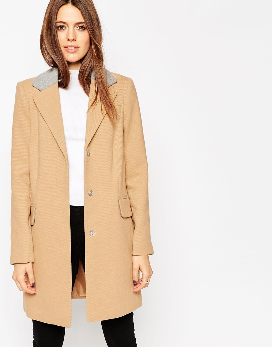 Coat With Contrast Collar Camel - pattern: plain; style: single breasted; collar: standard lapel/rever collar; length: mid thigh; predominant colour: camel; occasions: work, creative work; fit: tailored/fitted; fibres: polyester/polyamide - mix; sleeve length: long sleeve; sleeve style: standard; collar break: medium; pattern type: fabric; texture group: woven bulky/heavy; season: a/w 2015