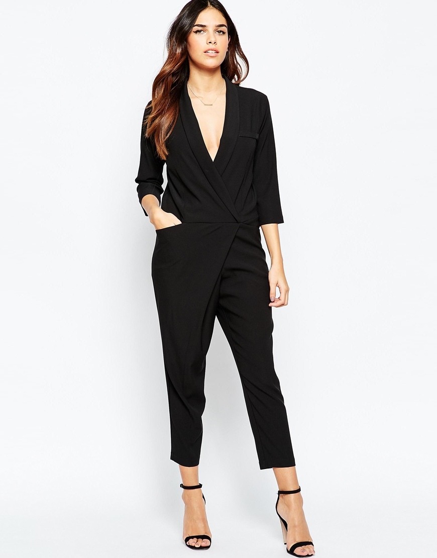 Jumpsuit With Wrap Front And Long Sleeves Black - neckline: low v-neck; pattern: plain; predominant colour: black; occasions: evening; length: ankle length; fit: body skimming; fibres: polyester/polyamide - stretch; sleeve length: 3/4 length; sleeve style: standard; style: jumpsuit; pattern type: fabric; texture group: jersey - stretchy/drapey; season: a/w 2015