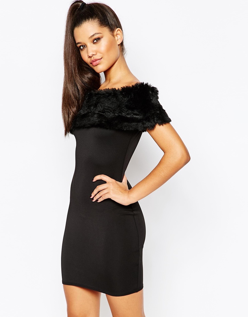 Faux Fur Bardot Bodycon Dress Black - length: mini; neckline: off the shoulder; fit: tight; pattern: plain; style: bodycon; bust detail: added detail/embellishment at bust; predominant colour: black; occasions: evening; fibres: polyester/polyamide - stretch; sleeve length: short sleeve; sleeve style: standard; texture group: jersey - clingy; pattern type: fabric; embellishment: fur; season: a/w 2015