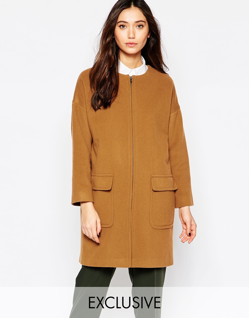 Camel Zip Front Collarless Coat Camel - pattern: plain; collar: round collar/collarless; style: single breasted; length: mid thigh; predominant colour: tan; occasions: casual, work, creative work; fit: straight cut (boxy); fibres: wool - mix; sleeve length: long sleeve; sleeve style: standard; collar break: high; pattern type: fabric; texture group: woven bulky/heavy; season: a/w 2015