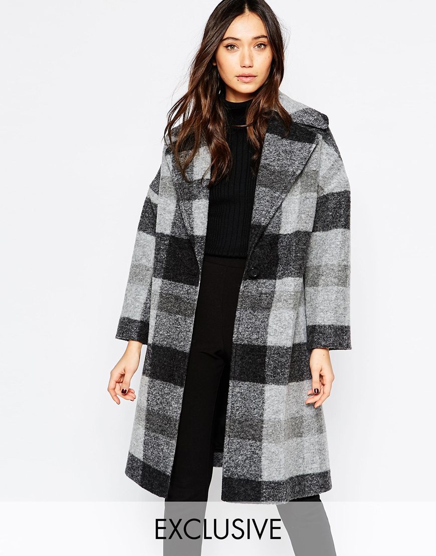 Grey Stripe Oversize Collar Coat Grey/Black - pattern: striped; collar: shawl/waterfall; fit: loose; style: single breasted; length: on the knee; predominant colour: mid grey; secondary colour: black; occasions: casual, creative work; fibres: wool - mix; sleeve length: long sleeve; sleeve style: standard; collar break: low/open; pattern type: fabric; texture group: woven bulky/heavy; pattern size: big & busy (top); season: a/w 2015