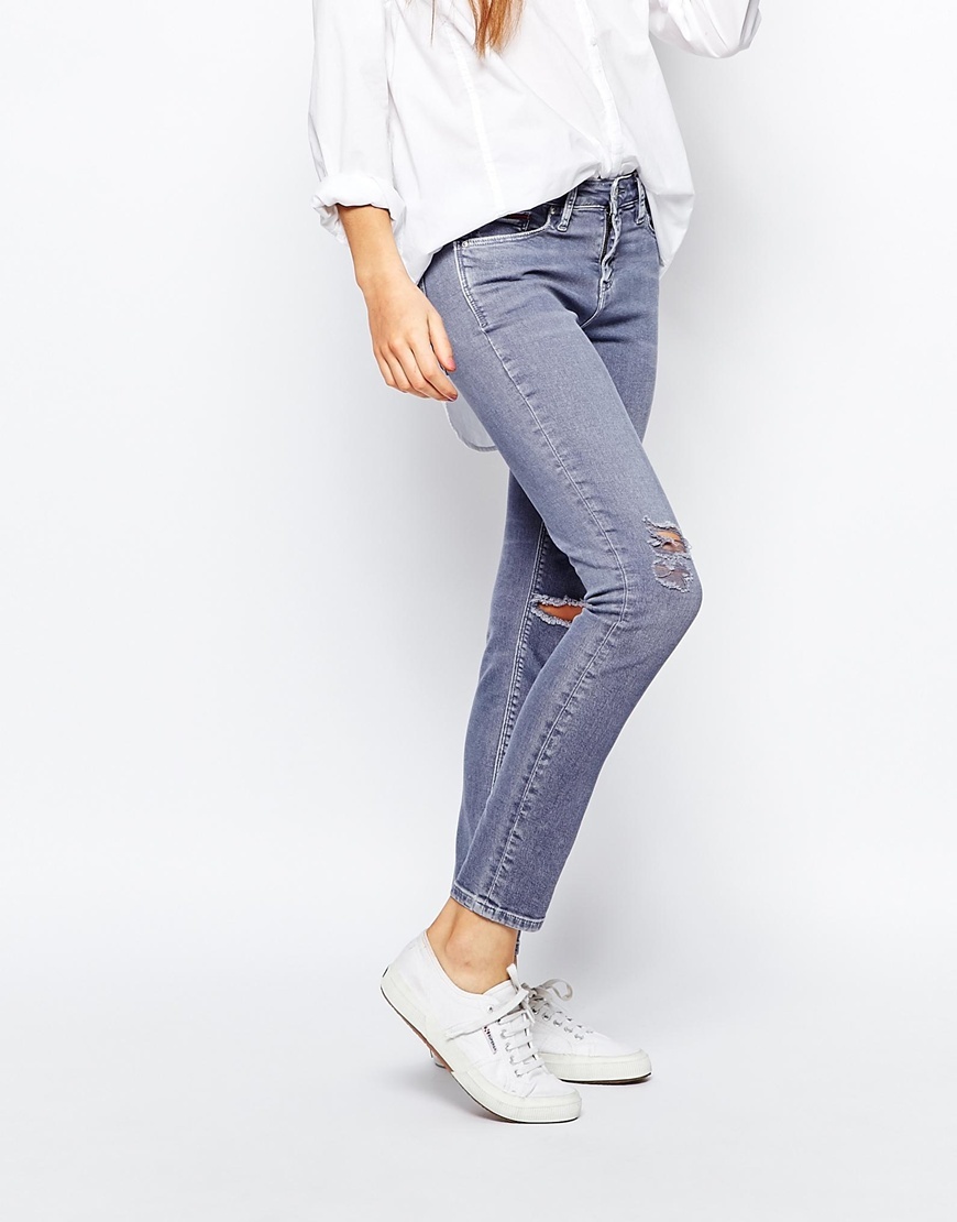 Distressed Nora Ankle Grazer Jean Blue - style: skinny leg; pattern: plain; pocket detail: traditional 5 pocket; waist: mid/regular rise; predominant colour: denim; occasions: casual; length: ankle length; fibres: cotton - stretch; texture group: denim; pattern type: fabric; jeans detail: rips; season: a/w 2015