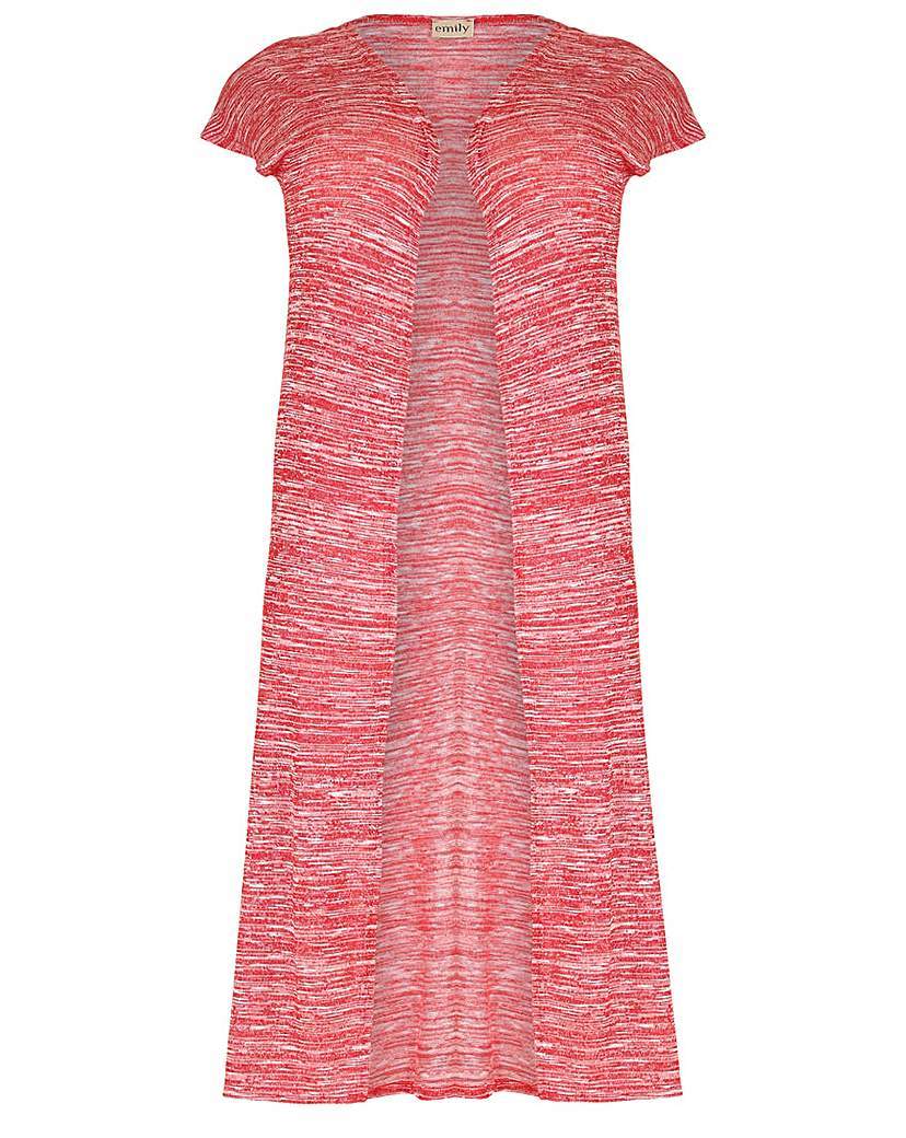 Emily Long Line Knitted Cardigan - sleeve style: capped; neckline: collarless open; style: open front; length: on the knee; secondary colour: pink; occasions: casual; fibres: viscose/rayon - stretch; fit: standard fit; sleeve length: short sleeve; texture group: knits/crochet; pattern type: knitted - fine stitch; pattern size: standard; predominant colour: dusky pink; pattern: marl; season: a/w 2015