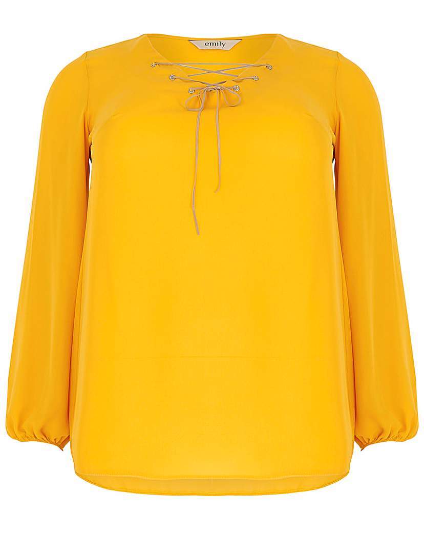 Emily Diamante Eyelet Top - neckline: v-neck; pattern: plain; bust detail: added detail/embellishment at bust; predominant colour: yellow; occasions: casual; length: standard; style: top; fibres: polyester/polyamide - 100%; fit: straight cut; sleeve length: long sleeve; sleeve style: standard; pattern type: fabric; texture group: jersey - stretchy/drapey; season: a/w 2015