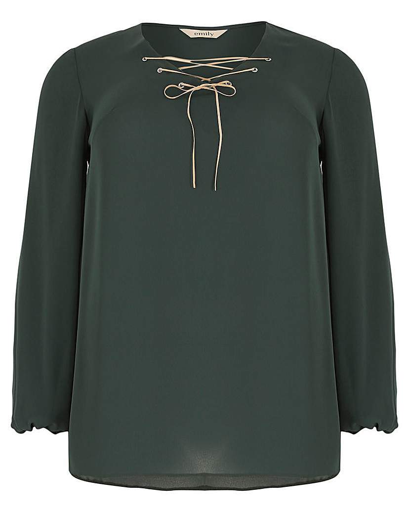 Emily Diamante Eyelet Top - neckline: v-neck; pattern: plain; bust detail: added detail/embellishment at bust; predominant colour: dark green; occasions: casual; length: standard; style: top; fibres: polyester/polyamide - 100%; fit: straight cut; sleeve length: long sleeve; sleeve style: standard; pattern type: fabric; texture group: jersey - stretchy/drapey; season: a/w 2015