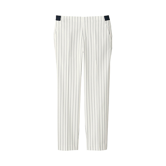 Women Ankle Length Striped Trousers (Size Xxl) White - pattern: vertical stripes; waist: mid/regular rise; predominant colour: white; secondary colour: mid grey; occasions: casual, creative work; length: ankle length; fibres: polyester/polyamide - stretch; fit: straight leg; pattern type: fabric; texture group: woven light midweight; style: standard; pattern size: standard (bottom); season: a/w 2015