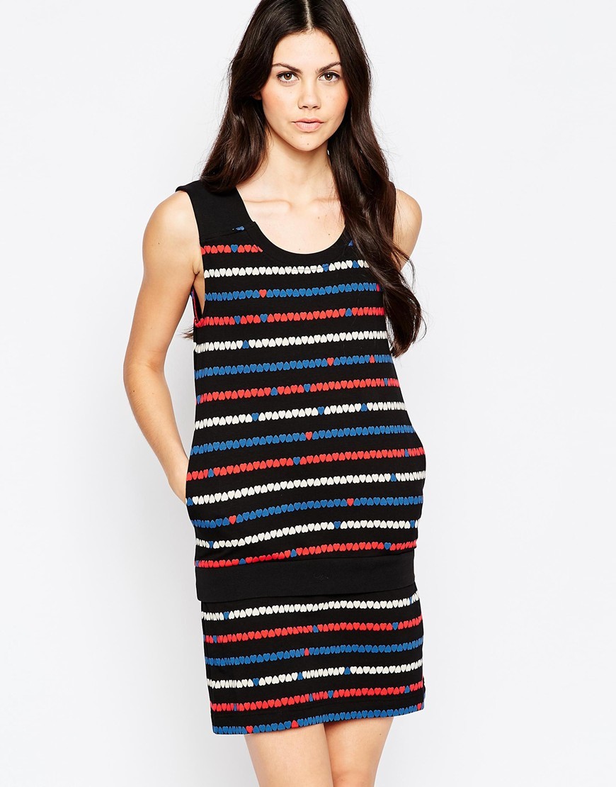 Two Tiered Shift Dress In Heart Print Black - style: shift; length: mid thigh; neckline: round neck; sleeve style: standard vest straps/shoulder straps; pattern: horizontal stripes; predominant colour: black; occasions: casual, creative work; fit: body skimming; fibres: cotton - stretch; sleeve length: sleeveless; pattern type: fabric; pattern size: big & busy; texture group: jersey - stretchy/drapey; multicoloured: multicoloured; season: a/w 2015