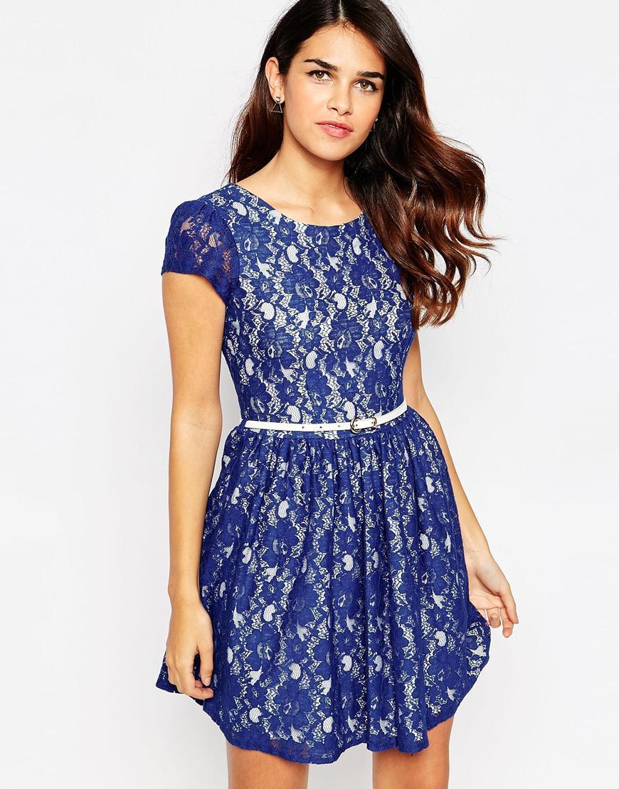 Closet Belted Lace Dress With V Back Blue - length: mid thigh; neckline: round neck; waist detail: belted waist/tie at waist/drawstring; predominant colour: royal blue; occasions: evening; fit: fitted at waist & bust; style: fit & flare; fibres: cotton - mix; hip detail: soft pleats at hip/draping at hip/flared at hip; sleeve length: short sleeve; sleeve style: standard; texture group: lace; pattern type: fabric; pattern size: standard; pattern: patterned/print; season: a/w 2015