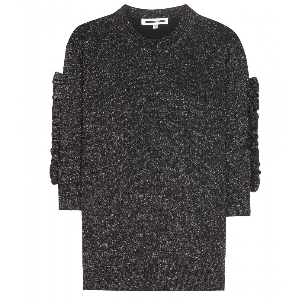 Metallic Wool Blend Sweater - pattern: plain; style: standard; predominant colour: charcoal; occasions: casual; length: standard; fibres: wool - mix; fit: slim fit; neckline: crew; sleeve length: 3/4 length; sleeve style: standard; texture group: knits/crochet; pattern type: fabric; season: a/w 2015
