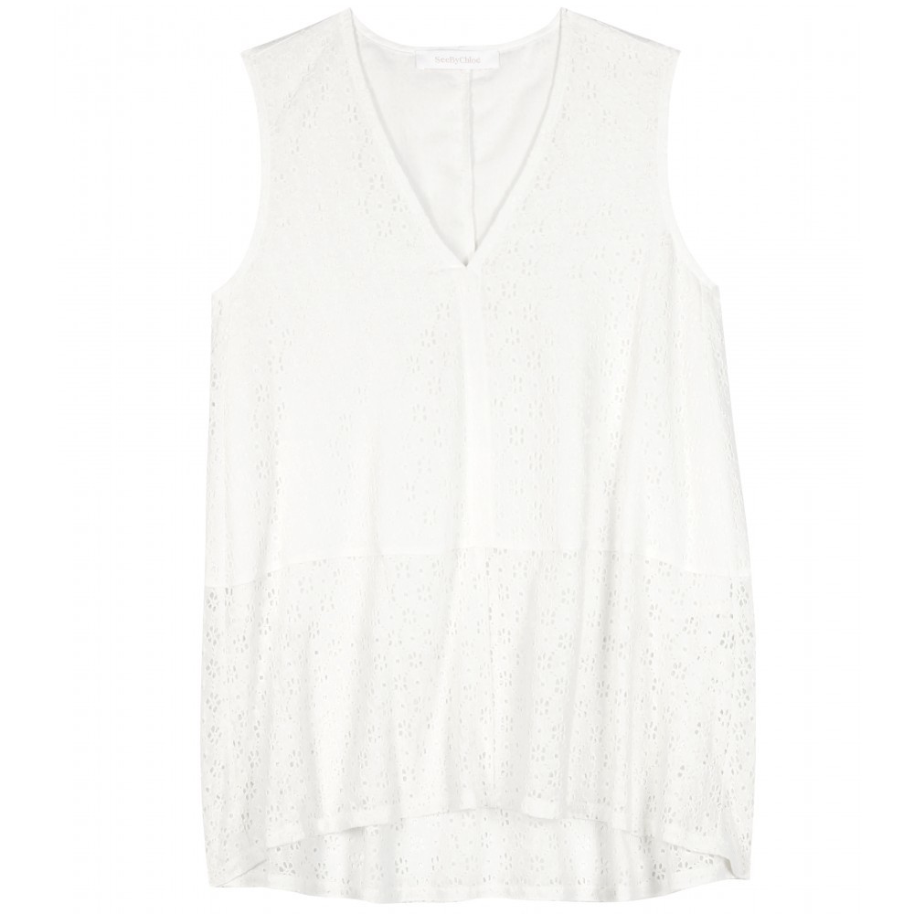 Cotton Blend Lace Top - neckline: v-neck; pattern: plain; sleeve style: sleeveless; length: below the bottom; predominant colour: white; occasions: casual, creative work; style: top; fibres: cotton - mix; fit: loose; back detail: longer hem at back than at front; sleeve length: sleeveless; pattern type: fabric; texture group: jersey - stretchy/drapey; embellishment: lace; season: a/w 2015