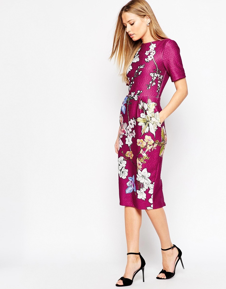Occasion Wiggle Dress In Floral Placement Print Print - style: shift; length: below the knee; neckline: slash/boat neckline; fit: tailored/fitted; secondary colour: ivory/cream; predominant colour: hot pink; occasions: evening, occasion; fibres: polyester/polyamide - 100%; sleeve length: short sleeve; sleeve style: standard; texture group: structured shiny - satin/tafetta/silk etc.; pattern type: fabric; pattern size: standard; pattern: florals; multicoloured: multicoloured; season: a/w 2015