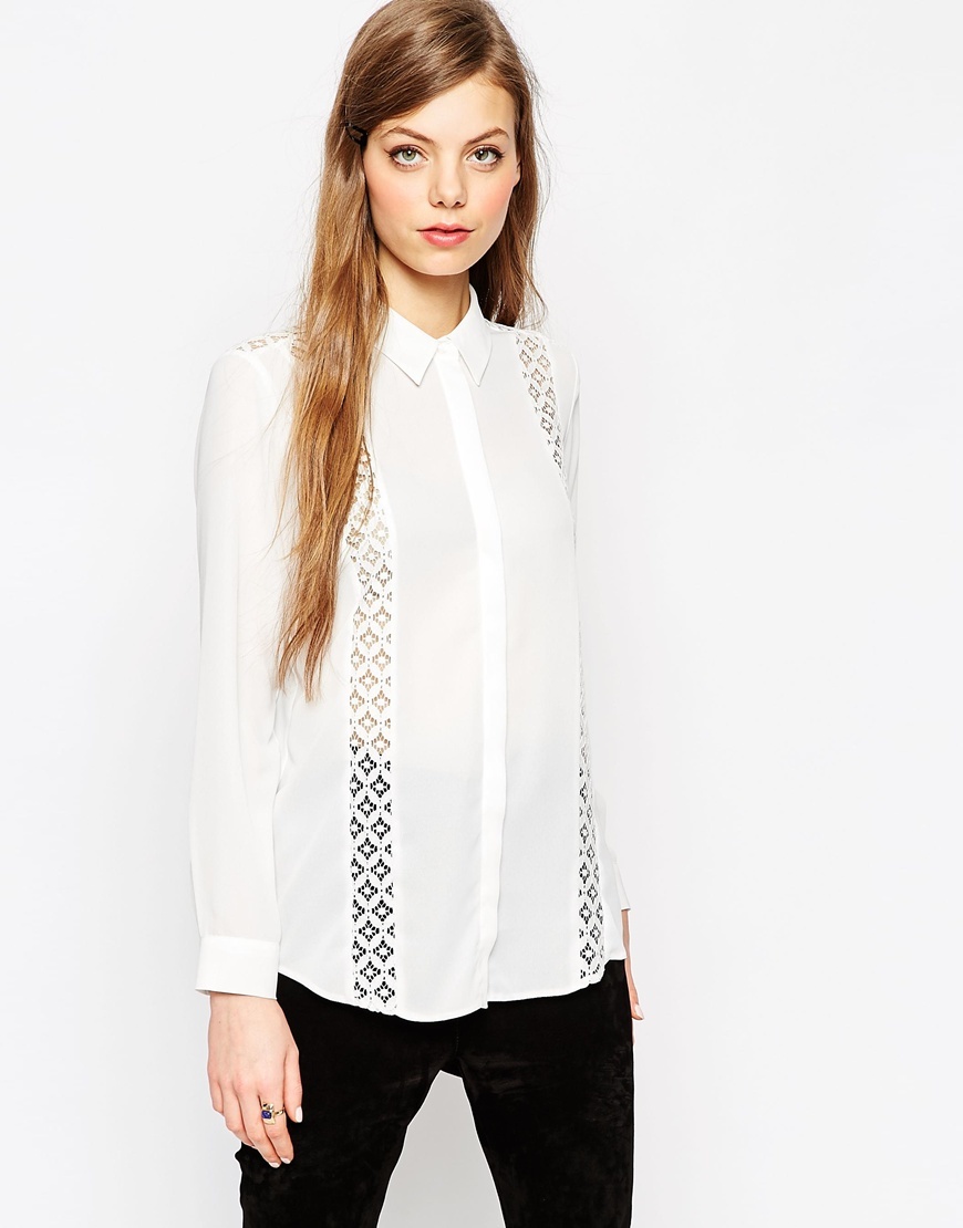 Lace Insert Blouse Ivory - neckline: shirt collar/peter pan/zip with opening; pattern: plain; style: shirt; predominant colour: ivory/cream; occasions: evening; length: standard; fibres: polyester/polyamide - 100%; fit: body skimming; sleeve length: long sleeve; sleeve style: standard; texture group: sheer fabrics/chiffon/organza etc.; pattern type: fabric; embellishment: lace; season: a/w 2015
