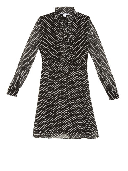 Arabella Dress - style: shift; length: mid thigh; neckline: pussy bow; pattern: polka dot; secondary colour: white; predominant colour: black; occasions: evening; fit: body skimming; fibres: silk - 100%; sleeve length: long sleeve; sleeve style: standard; texture group: sheer fabrics/chiffon/organza etc.; pattern type: fabric; multicoloured: multicoloured; season: a/w 2015