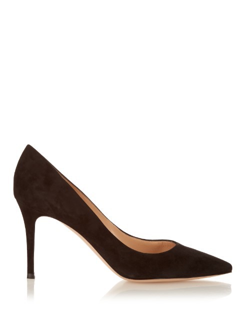 Gianvito Point Toe Suede Pumps - predominant colour: black; occasions: evening, occasion; material: suede; heel: stiletto; toe: pointed toe; style: courts; finish: plain; pattern: plain; heel height: very high; season: a/w 2015; wardrobe: event