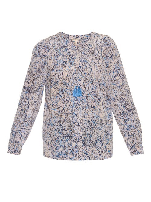 Block Print Silk Blouse - pattern: paisley; style: blouse; predominant colour: blush; secondary colour: navy; occasions: casual, creative work; length: standard; neckline: collarstand; fibres: silk - 100%; fit: straight cut; sleeve length: long sleeve; sleeve style: standard; pattern type: fabric; pattern size: standard; texture group: woven light midweight; season: a/w 2015