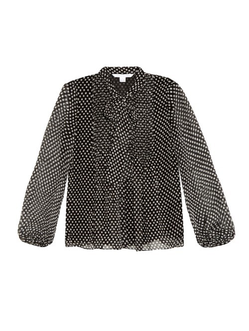 Marjorie Blouse - neckline: pussy bow; style: blouse; pattern: polka dot; predominant colour: black; occasions: work, occasion, creative work; length: standard; fit: straight cut; sleeve length: long sleeve; sleeve style: standard; texture group: sheer fabrics/chiffon/organza etc.; pattern type: fabric; pattern size: big & busy (top); season: a/w 2015