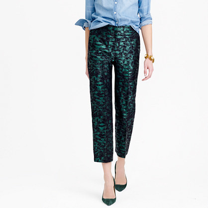 Petite Patio Pant In Evergreen Jacquard - waist: mid/regular rise; predominant colour: emerald green; secondary colour: black; length: ankle length; fibres: cotton - mix; fit: skinny/tight leg; pattern type: fabric; pattern: patterned/print; texture group: other - light to midweight; style: standard; embellishment: sequins; occasions: creative work; season: a/w 2015