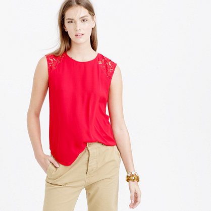 Petite Floral Lace Shoulder Top - pattern: plain; sleeve style: sleeveless; predominant colour: true red; occasions: casual; length: standard; style: top; fibres: polyester/polyamide - 100%; fit: body skimming; neckline: crew; sleeve length: sleeveless; pattern type: fabric; texture group: other - light to midweight; shoulder detail: sheer at shoulder; season: a/w 2015