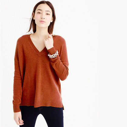 Petite V Neck Tunic Sweater - neckline: low v-neck; pattern: plain; style: standard; predominant colour: terracotta; occasions: casual, creative work; length: standard; fibres: cotton - mix; fit: loose; sleeve length: long sleeve; sleeve style: standard; texture group: knits/crochet; pattern type: knitted - fine stitch; season: a/w 2015