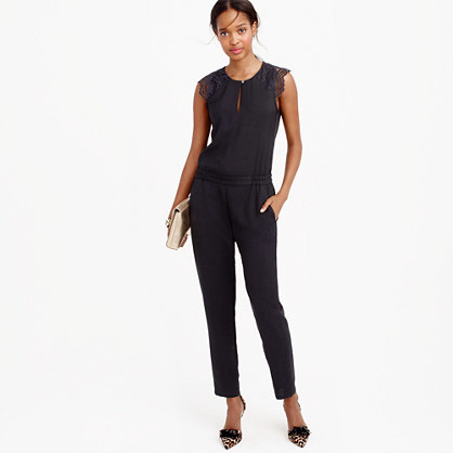 Drapey Oxford Jumpsuit With Lace Sleeves - length: standard; fit: fitted at waist; pattern: plain; sleeve style: sleeveless; predominant colour: black; occasions: evening, occasion; neckline: peep hole neckline; fibres: viscose/rayon - stretch; sleeve length: sleeveless; style: jumpsuit; pattern type: fabric; texture group: woven light midweight; embellishment: lace; season: a/w 2015
