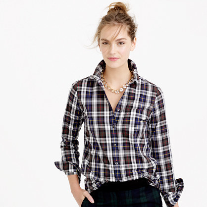 Petite Shrunken Boy Shirt In Forest Plaid - neckline: shirt collar/peter pan/zip with opening; pattern: checked/gingham; style: shirt; secondary colour: white; predominant colour: tan; occasions: casual; length: standard; fibres: cotton - 100%; fit: body skimming; sleeve length: long sleeve; sleeve style: standard; texture group: cotton feel fabrics; pattern type: fabric; pattern size: standard; multicoloured: multicoloured; season: a/w 2015; wardrobe: highlight