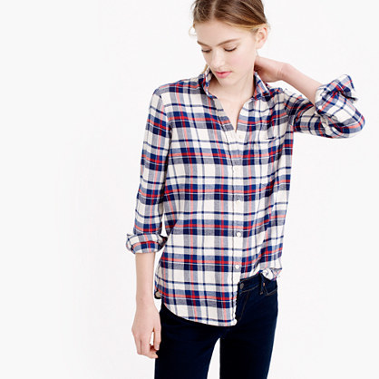 Petite Boy Shirt In Clinton Plaid - neckline: shirt collar/peter pan/zip with opening; pattern: checked/gingham; style: shirt; predominant colour: white; secondary colour: navy; occasions: casual; length: standard; fibres: cotton - 100%; fit: body skimming; sleeve length: 3/4 length; sleeve style: standard; texture group: cotton feel fabrics; pattern type: fabric; multicoloured: multicoloured; season: a/w 2015