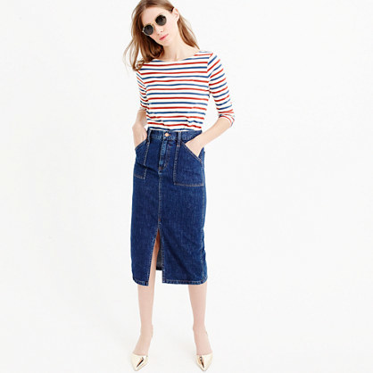 Denim Front Slit Skirt - length: below the knee; pattern: plain; style: straight; fit: tailored/fitted; waist: high rise; predominant colour: navy; occasions: casual; fibres: cotton - stretch; hip detail: slits at hip; texture group: denim; pattern type: fabric; season: a/w 2015