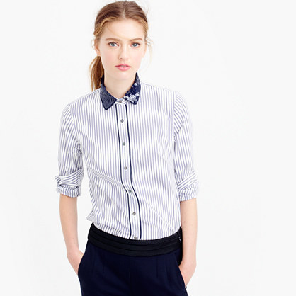Petite Perfect Shirt In Stripe With Sequin Collar - neckline: shirt collar/peter pan/zip with opening; style: shirt; pattern: pinstripe; secondary colour: white; predominant colour: navy; occasions: casual; length: standard; fibres: cotton - 100%; fit: body skimming; sleeve length: long sleeve; sleeve style: standard; pattern type: fabric; texture group: other - light to midweight; embellishment: sequins; multicoloured: multicoloured; season: a/w 2015
