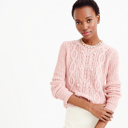 Italian Cashmere Cable Sweater With Pom Poms - style: standard; pattern: cable knit; predominant colour: blush; occasions: casual, creative work; length: standard; fit: slim fit; neckline: crew; fibres: cashmere - 100%; sleeve length: long sleeve; sleeve style: standard; texture group: knits/crochet; pattern type: knitted - other; pattern size: standard; season: a/w 2015