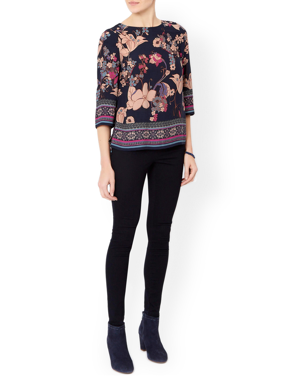 Madeline Print Blouse - style: blouse; secondary colour: nude; predominant colour: black; length: standard; fibres: viscose/rayon - 100%; fit: body skimming; neckline: crew; sleeve length: short sleeve; sleeve style: standard; pattern type: fabric; pattern size: standard; pattern: florals; texture group: other - light to midweight; occasions: creative work; multicoloured: multicoloured; season: a/w 2015