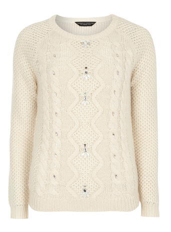 Womens Nude Embellished Cable Jumper White - style: standard; pattern: cable knit; predominant colour: ivory/cream; occasions: casual; length: standard; fibres: acrylic - mix; fit: slim fit; neckline: crew; sleeve length: long sleeve; sleeve style: standard; texture group: knits/crochet; pattern type: fabric; embellishment: sequins; season: a/w 2015
