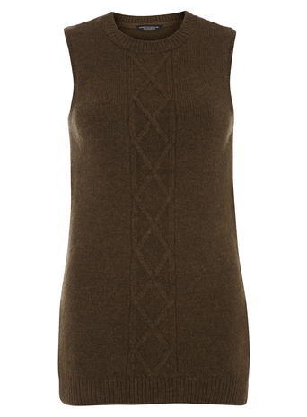 Womens Knitted Khaki Jumper Green - neckline: round neck; sleeve style: sleeveless; length: below the bottom; pattern: cable knit; predominant colour: khaki; occasions: casual, creative work; fibres: acrylic - mix; fit: slim fit; style: tank; sleeve length: sleeveless; texture group: knits/crochet; pattern type: knitted - other; pattern size: light/subtle; season: a/w 2015