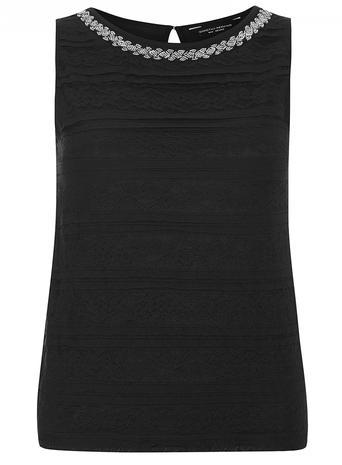 Womens Black Frill Bling Lace Shell Black - neckline: round neck; pattern: plain; sleeve style: sleeveless; predominant colour: black; occasions: evening; length: standard; style: top; fibres: nylon - mix; fit: body skimming; sleeve length: sleeveless; texture group: cotton feel fabrics; pattern type: fabric; embellishment: sequins; season: a/w 2015
