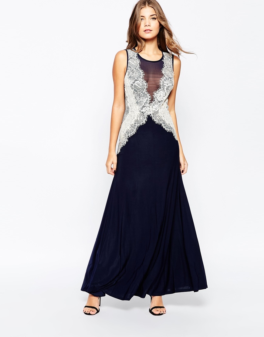 Maxi Dress With Lace Side Panels Navy/Nude - neckline: round neck; pattern: plain; sleeve style: sleeveless; style: maxi dress; length: ankle length; bust detail: sheer at bust; secondary colour: ivory/cream; predominant colour: navy; occasions: evening; fit: fitted at waist & bust; fibres: polyester/polyamide - stretch; sleeve length: sleeveless; texture group: sheer fabrics/chiffon/organza etc.; pattern type: fabric; embellishment: lace; multicoloured: multicoloured; season: a/w 2015
