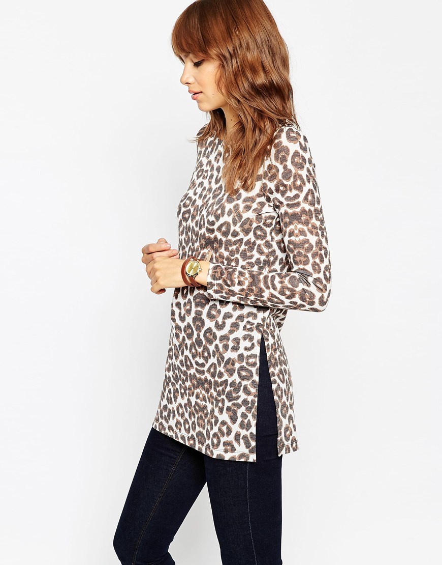 Leopard Print Cut And Sew Split Side Longline Top Multi - neckline: round neck; length: below the bottom; predominant colour: chocolate brown; occasions: casual, creative work; style: top; fit: body skimming; sleeve length: long sleeve; sleeve style: standard; pattern type: fabric; pattern: animal print; texture group: jersey - stretchy/drapey; pattern size: big & busy (top); season: a/w 2015