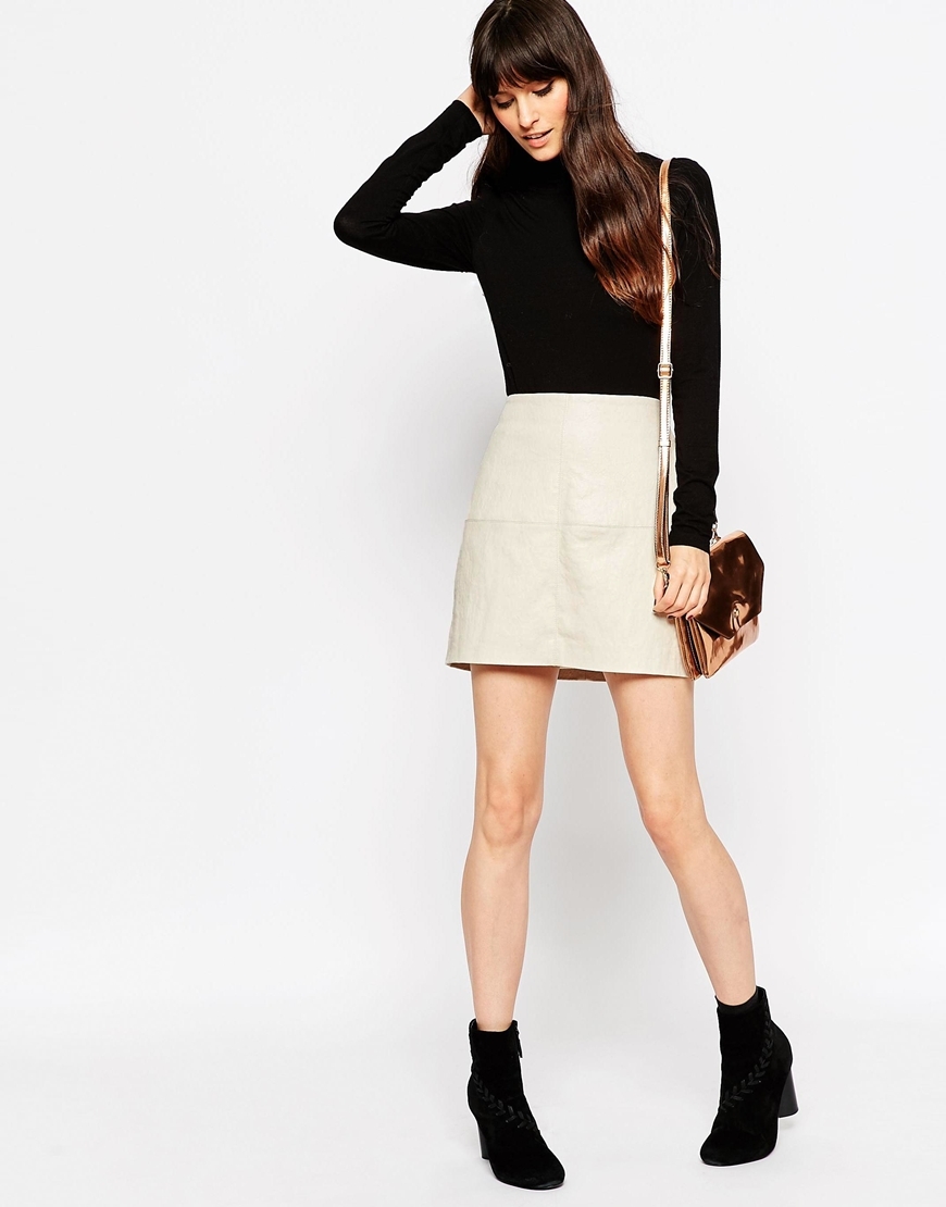 Textured Pu Mini Skirt Stone - length: mini; pattern: plain; waist: high rise; predominant colour: ivory/cream; occasions: evening; style: mini skirt; texture group: leather; fit: straight cut; pattern type: fabric; fibres: pvc/polyurethene - 100%; season: a/w 2015