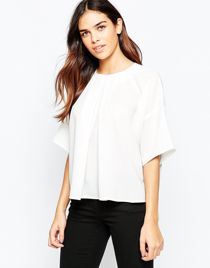 Kimono Sleeve Origami T Shirt With Pleat Front Ivory - pattern: plain; predominant colour: white; occasions: evening; length: standard; style: top; fit: body skimming; neckline: crew; sleeve length: 3/4 length; sleeve style: standard; pattern type: fabric; texture group: other - light to midweight; season: a/w 2015