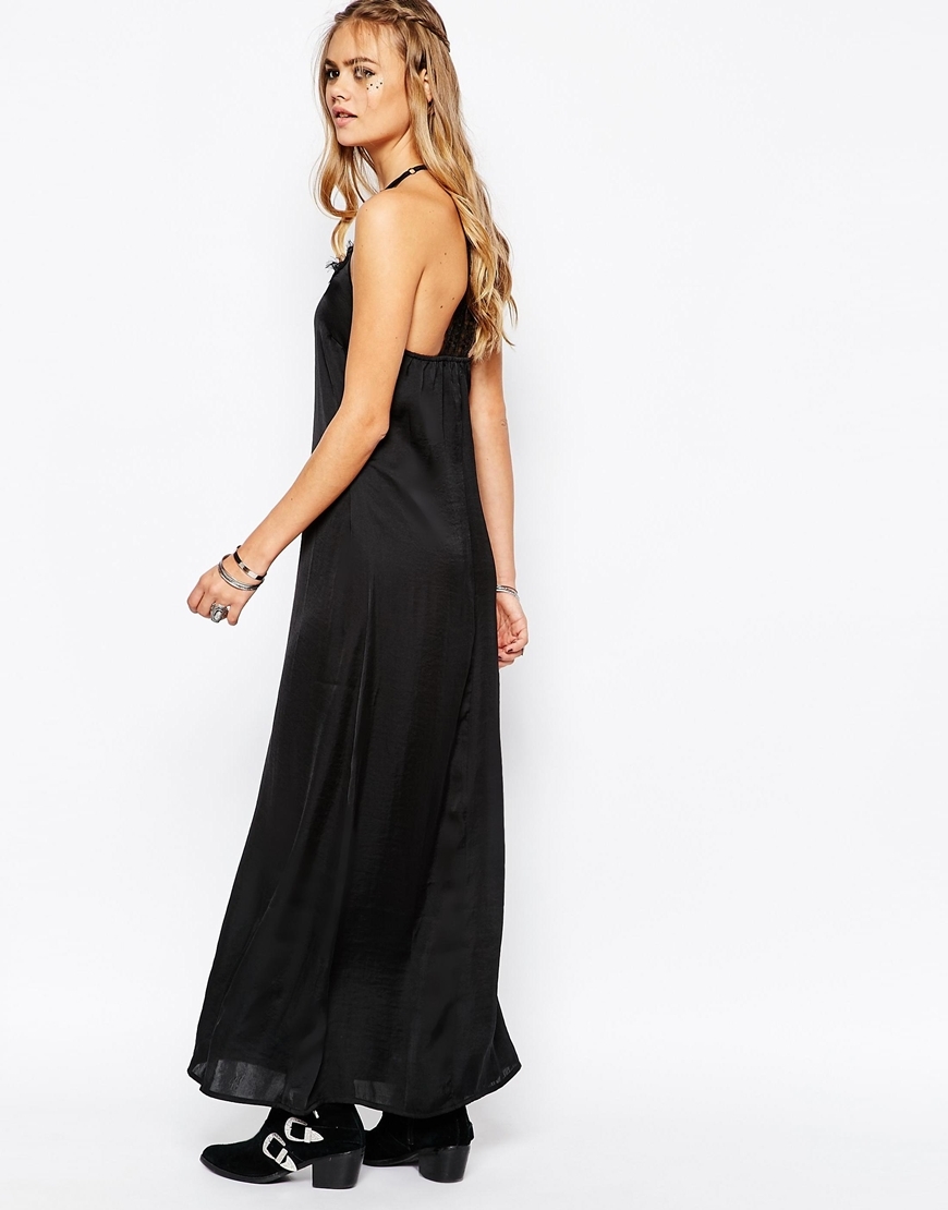 Satin Maxi Slip Dress With Lace Back Black - sleeve style: spaghetti straps; fit: loose; pattern: plain; style: maxi dress; length: ankle length; back detail: low cut/open back; predominant colour: black; occasions: evening; neckline: scoop; fibres: polyester/polyamide - 100%; sleeve length: sleeveless; texture group: sheer fabrics/chiffon/organza etc.; pattern type: fabric; embellishment: lace; season: a/w 2015
