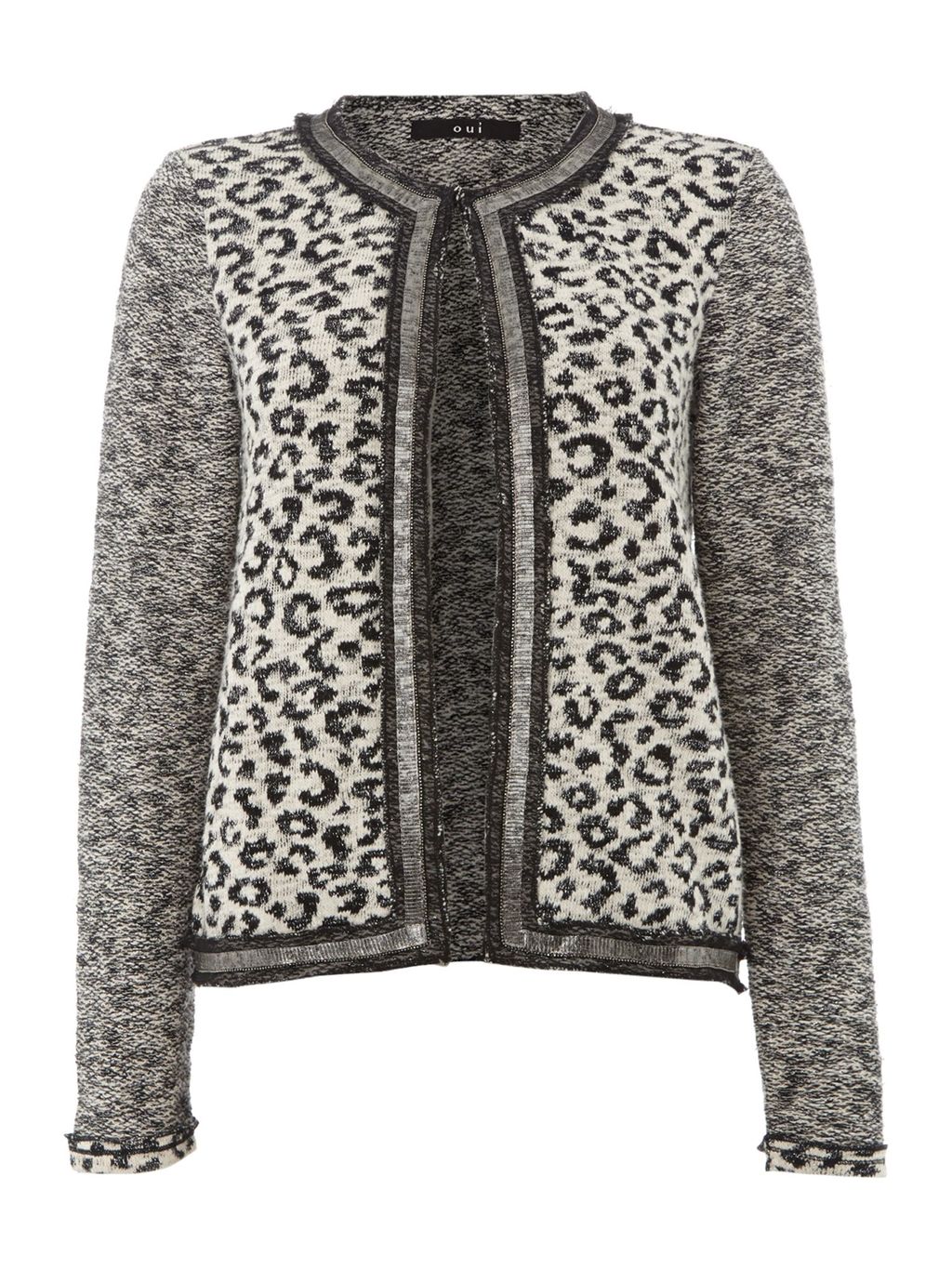 Leopard Print Tweed Sleeve Jacket, Grey - style: single breasted blazer; collar: round collar/collarless; predominant colour: charcoal; secondary colour: light grey; occasions: casual; length: standard; fit: tailored/fitted; fibres: cotton - mix; sleeve length: long sleeve; sleeve style: standard; collar break: high/illusion of break when open; pattern type: fabric; pattern size: standard; pattern: animal print; texture group: tweed - light/midweight; season: a/w 2015