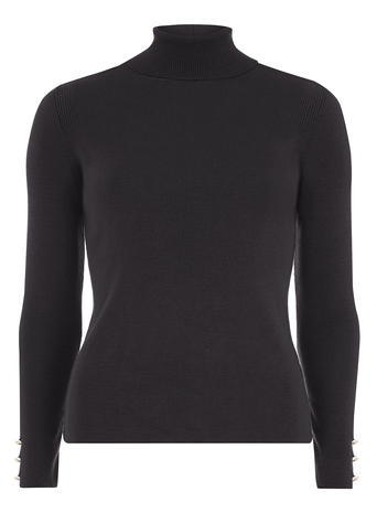 Womens Navy Button Cuff Roll Neck Jumper Blue - pattern: plain; neckline: roll neck; style: standard; predominant colour: black; occasions: casual, creative work; length: standard; fibres: acrylic - mix; fit: standard fit; sleeve length: long sleeve; sleeve style: standard; texture group: knits/crochet; pattern type: knitted - fine stitch; season: a/w 2015