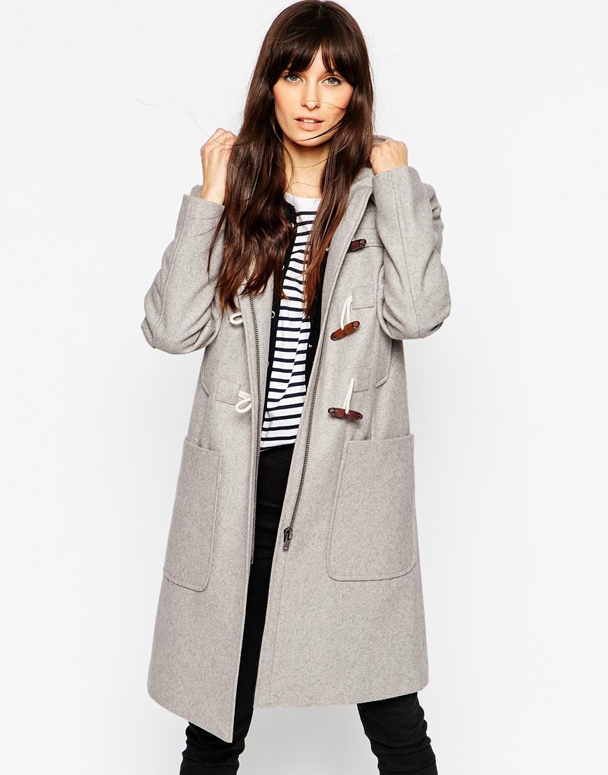 Duffle Coat In Longline Berry - pattern: plain; collar: funnel; back detail: hood; style: duffle coat; length: mid thigh; predominant colour: light grey; occasions: casual, creative work; fit: straight cut (boxy); fibres: wool - mix; sleeve length: long sleeve; sleeve style: standard; collar break: high/illusion of break when open; pattern type: fabric; texture group: woven bulky/heavy; season: a/w 2015