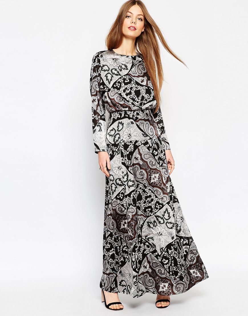 Mono Paisley Silky Maxi Dress Multi - fit: fitted at waist; style: maxi dress; length: ankle length; pattern: paisley; secondary colour: white; predominant colour: black; occasions: evening; fibres: polyester/polyamide - 100%; neckline: crew; sleeve length: long sleeve; sleeve style: standard; trends: monochrome; pattern type: fabric; pattern size: standard; texture group: woven light midweight; season: a/w 2015