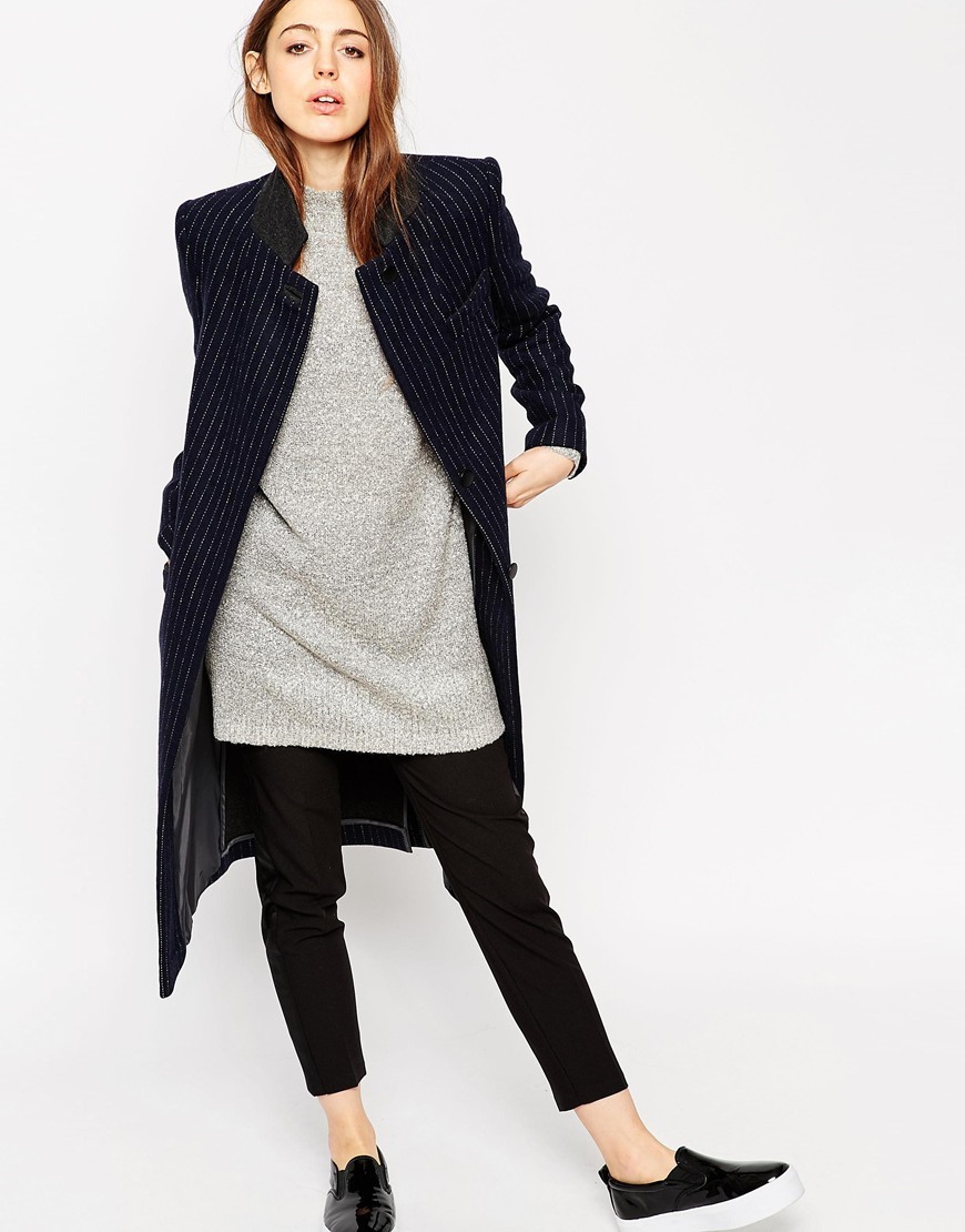 Coat In Pinstripe With Stand Collar Navy - style: single breasted; collar: high neck; pattern: pinstripe; length: mid thigh; predominant colour: navy; occasions: casual, creative work; fit: straight cut (boxy); fibres: wool - mix; sleeve length: long sleeve; sleeve style: standard; collar break: high; pattern type: fabric; pattern size: standard; texture group: woven light midweight; season: a/w 2015