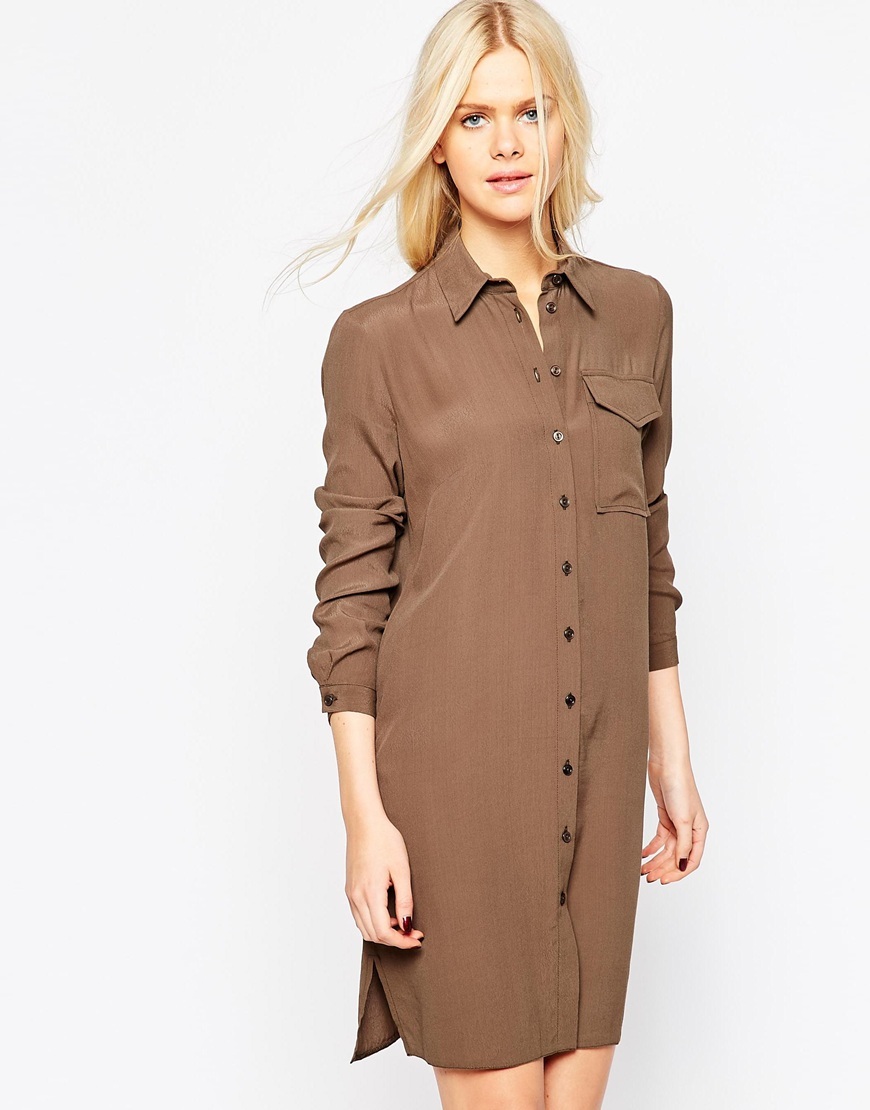 Pocket Shirt Dress Khaki - style: shirt; neckline: shirt collar/peter pan/zip with opening; pattern: plain; bust detail: pocket detail at bust; predominant colour: tan; occasions: casual, creative work; length: just above the knee; fit: body skimming; fibres: viscose/rayon - 100%; sleeve length: long sleeve; sleeve style: standard; texture group: crepes; pattern type: fabric; season: a/w 2015