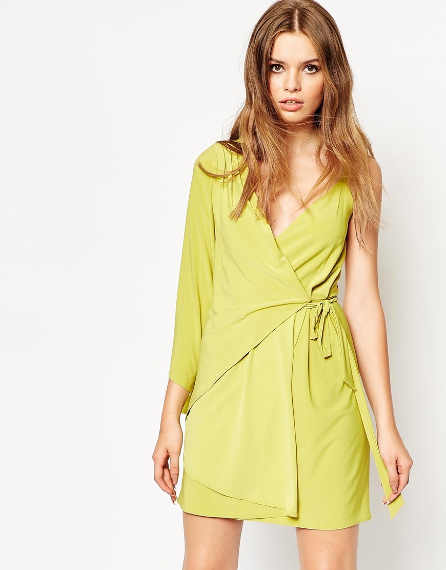 Assymetric One Shoulder Wrap Mini Dress Lime - style: faux wrap/wrap; length: mid thigh; neckline: low v-neck; pattern: plain; sleeve style: asymmetric sleeve; predominant colour: lime; occasions: evening; fit: body skimming; sleeve length: sleeveless; pattern type: fabric; texture group: jersey - stretchy/drapey; fibres: pvc/polyurethene - 100%; season: a/w 2015