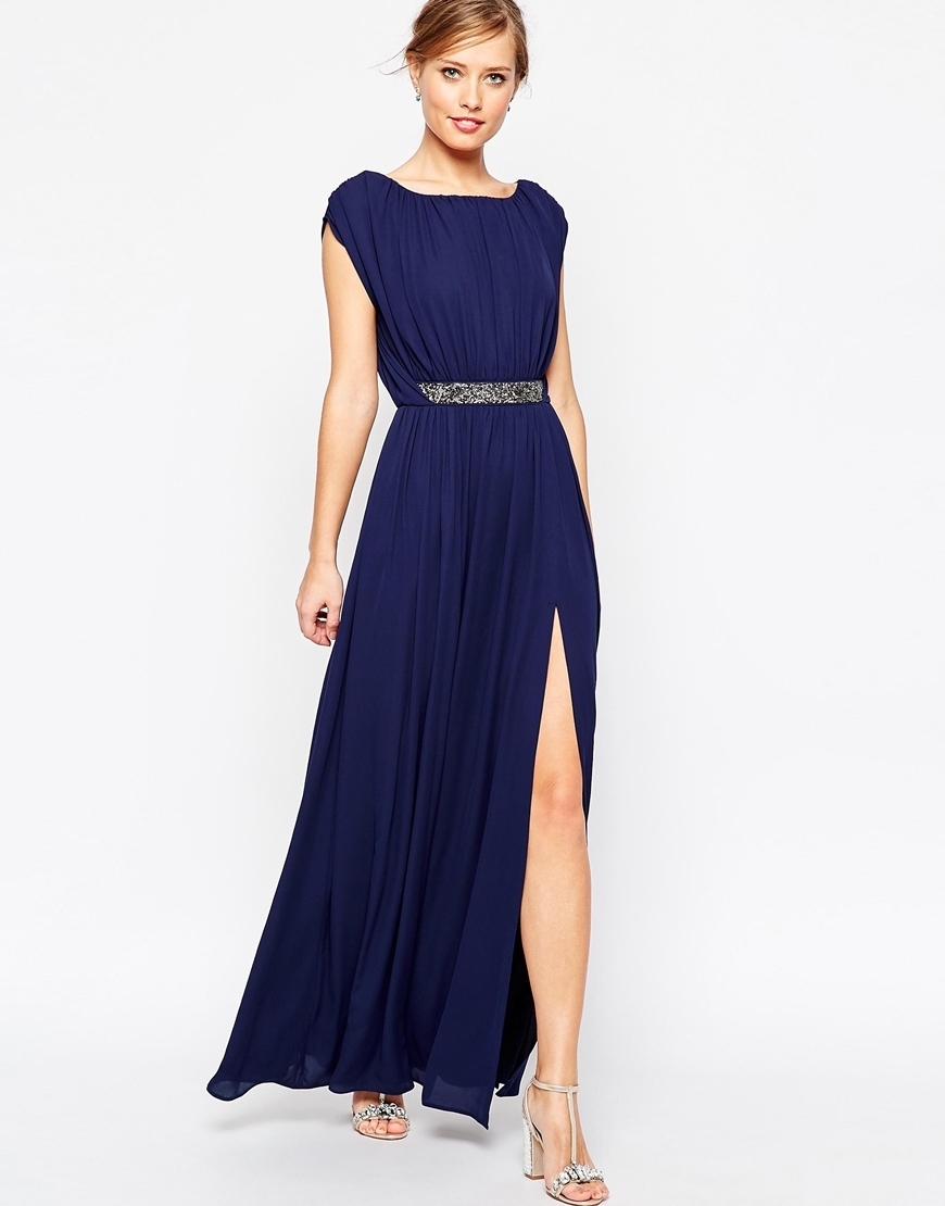 Embellished Waist Maxi Dress Nude - sleeve style: capped; pattern: plain; style: maxi dress; waist detail: belted waist/tie at waist/drawstring; predominant colour: navy; occasions: evening; length: floor length; fit: body skimming; fibres: polyester/polyamide - 100%; sleeve length: short sleeve; neckline: medium square neck; pattern type: fabric; texture group: jersey - stretchy/drapey; embellishment: sequins; season: a/w 2015